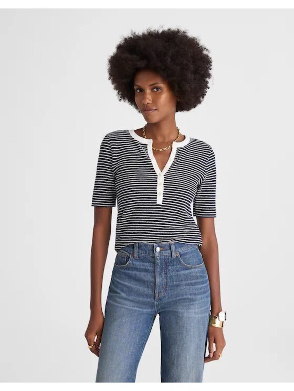 Madewell Striped Elbow-Sleeve Henley Tee Size Small